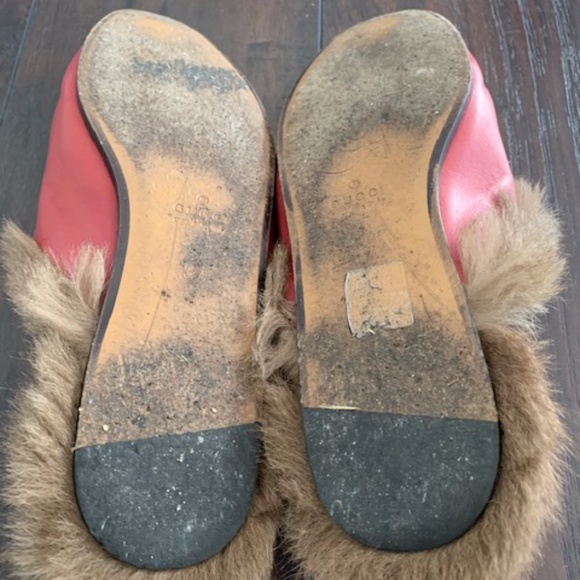 Gucci Red Leather Fur Princetown Mules Shoes 37 - Picture 3 of 6